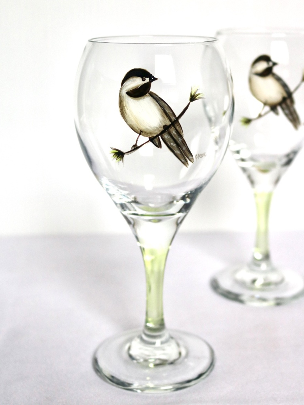 Set of 2 Hand Painted White Wine Glasses Bird Chickadee Signed by Artist